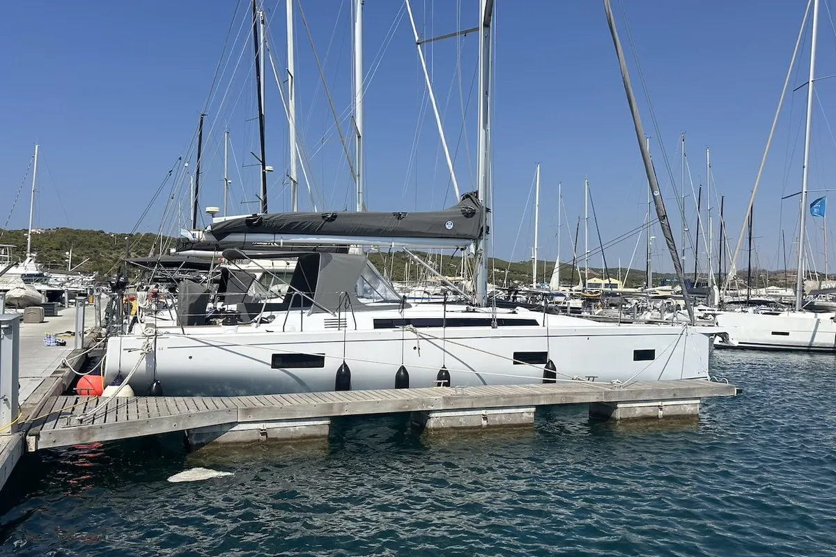 Exterior view of TITI, a Beneteau First 44 sailboat at Lavrion, Greece