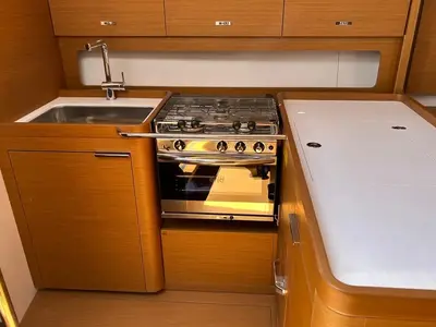 Galley of TITI, a Beneteau First 44 sailboat at Lavrion, Greece