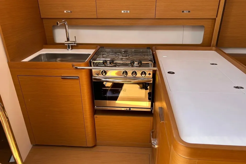 Galley of TITI, a Beneteau First 44 sailboat at Lavrion, Greece
