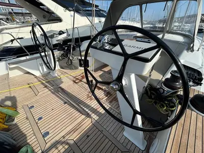 Cockpit of TITI, a Beneteau First 44 sailboat at Lavrion, Greece