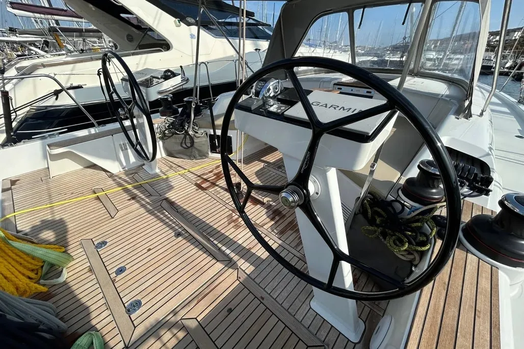 Cockpit of TITI, a Beneteau First 44 sailboat at Lavrion, Greece