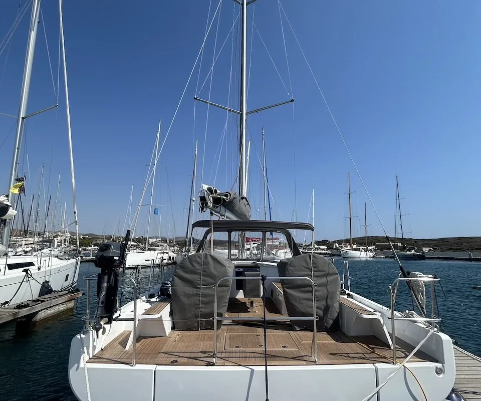 Deck of TITI, a Beneteau First 44 sailboat at Lavrion, Greece