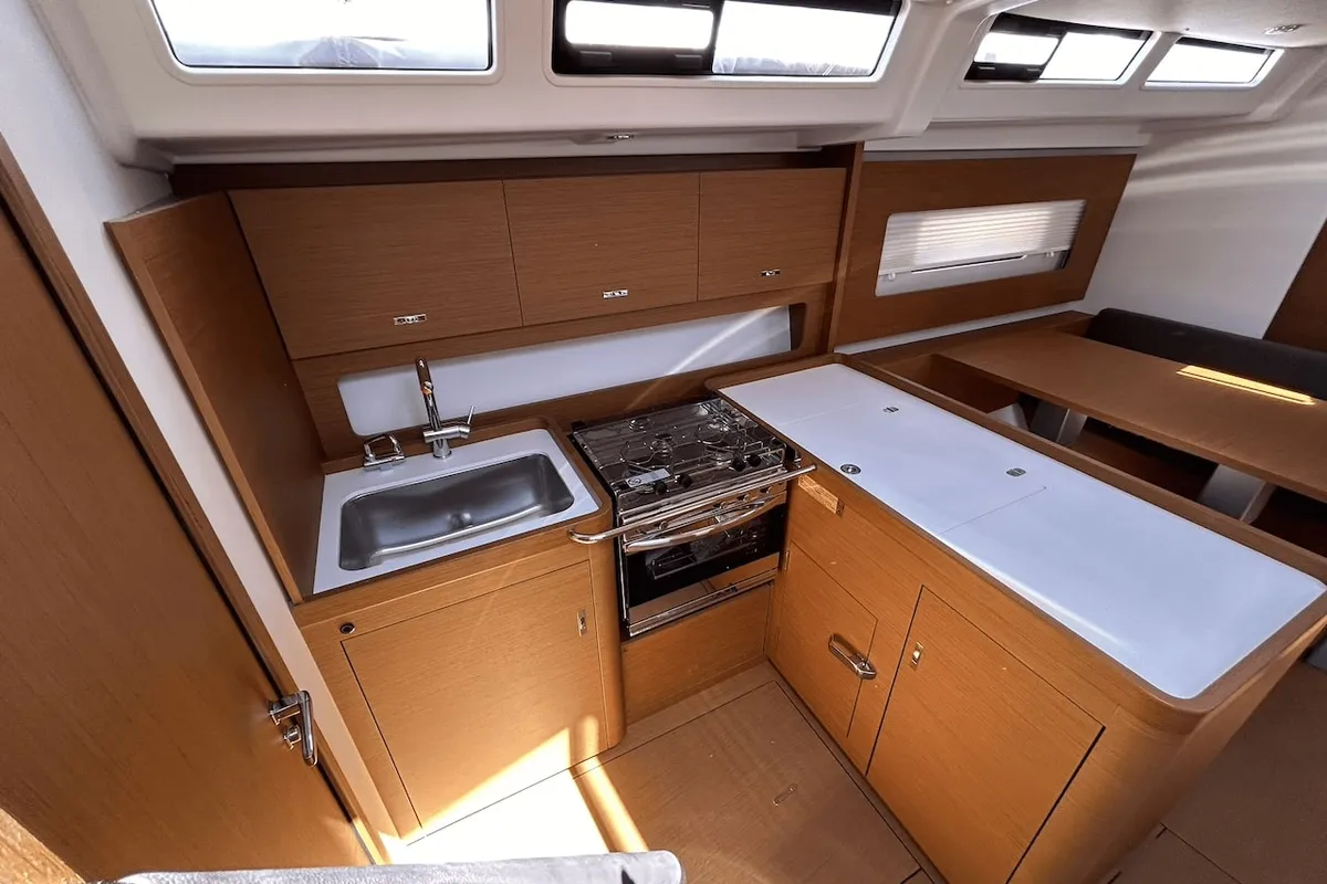 Salon of TITI, a Beneteau First 44 sailboat at Lavrion, Greece