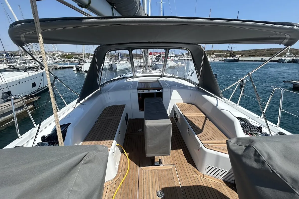 Cockpit of TITI, a Beneteau First 44 sailboat at Lavrion, Greece