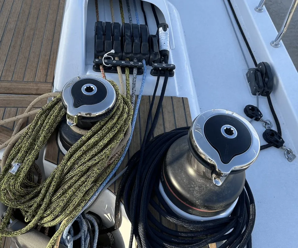 Deck of TITI, a Beneteau First 44 sailboat at Lavrion, Greece