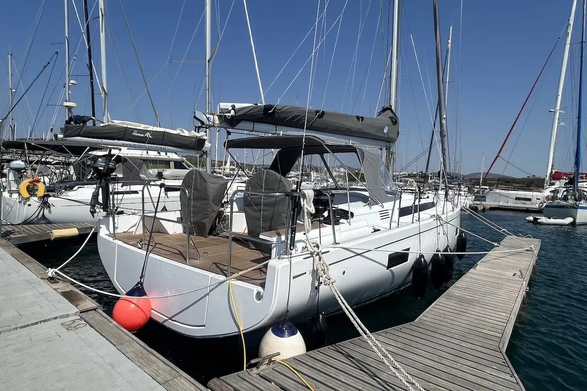 Exterior view of TITI, a Beneteau First 44 sailboat at Lavrion, Greece