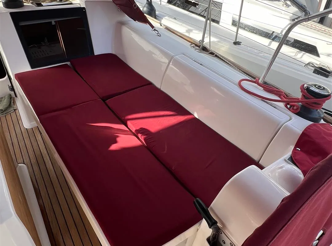 Deck of AINA, a Dufour 412 Grand large sailboat at Municipal Unit of Lefkada, Greece