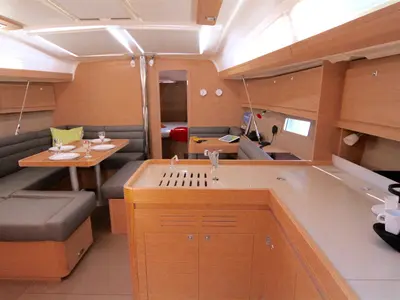 Salon of AINA, a Dufour 412 Grand large sailboat at Municipal Unit of Lefkada, Greece