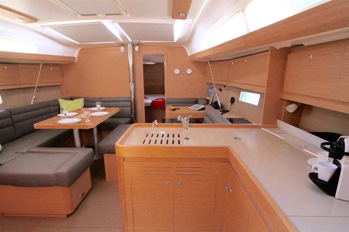 Salon of AINA, a Dufour 412 Grand large sailboat at Municipal Unit of Lefkada, Greece