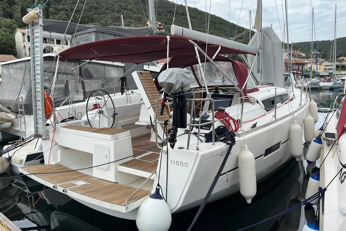 Exterior view of AINA, a Dufour 412 Grand large sailboat at Municipal Unit of Lefkada, Greece