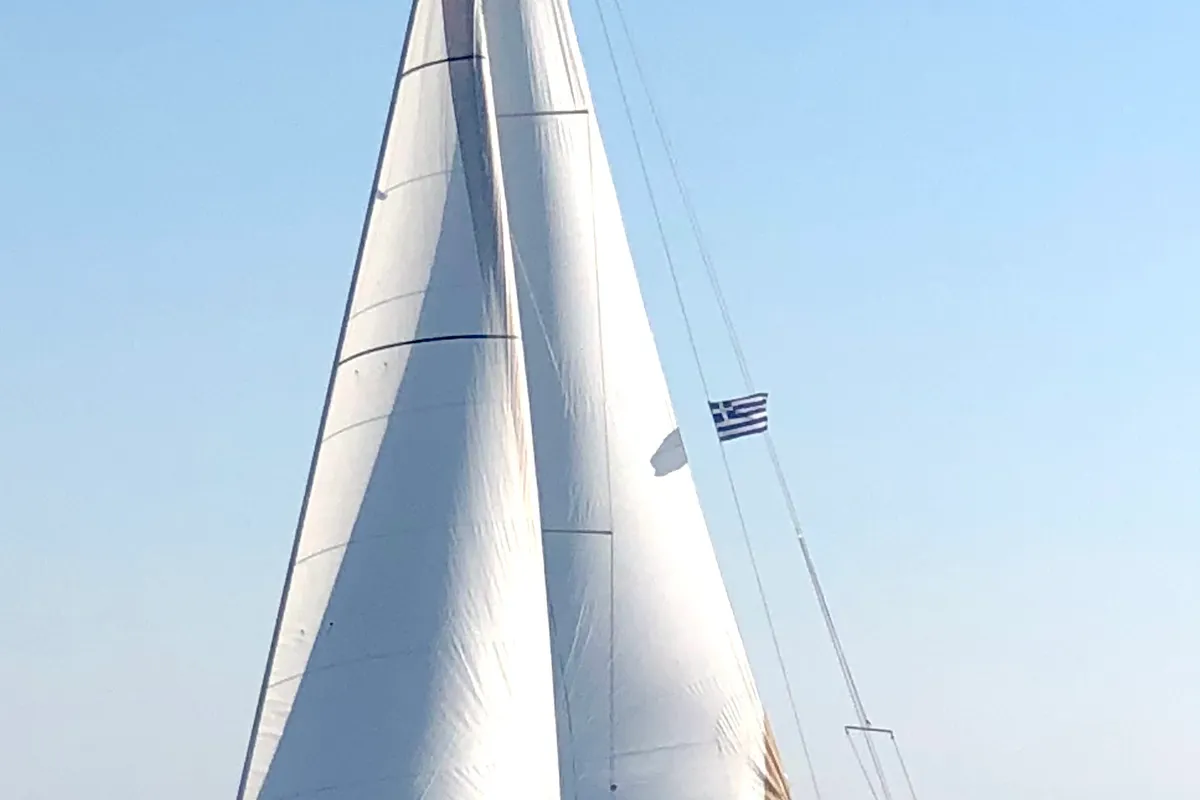 Exterior view of AINA, a Dufour 412 Grand large sailboat at Municipal Unit of Lefkada, Greece
