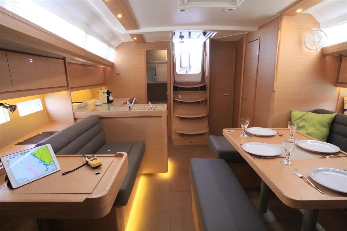 Salon of AINA, a Dufour 412 Grand large sailboat at Municipal Unit of Lefkada, Greece