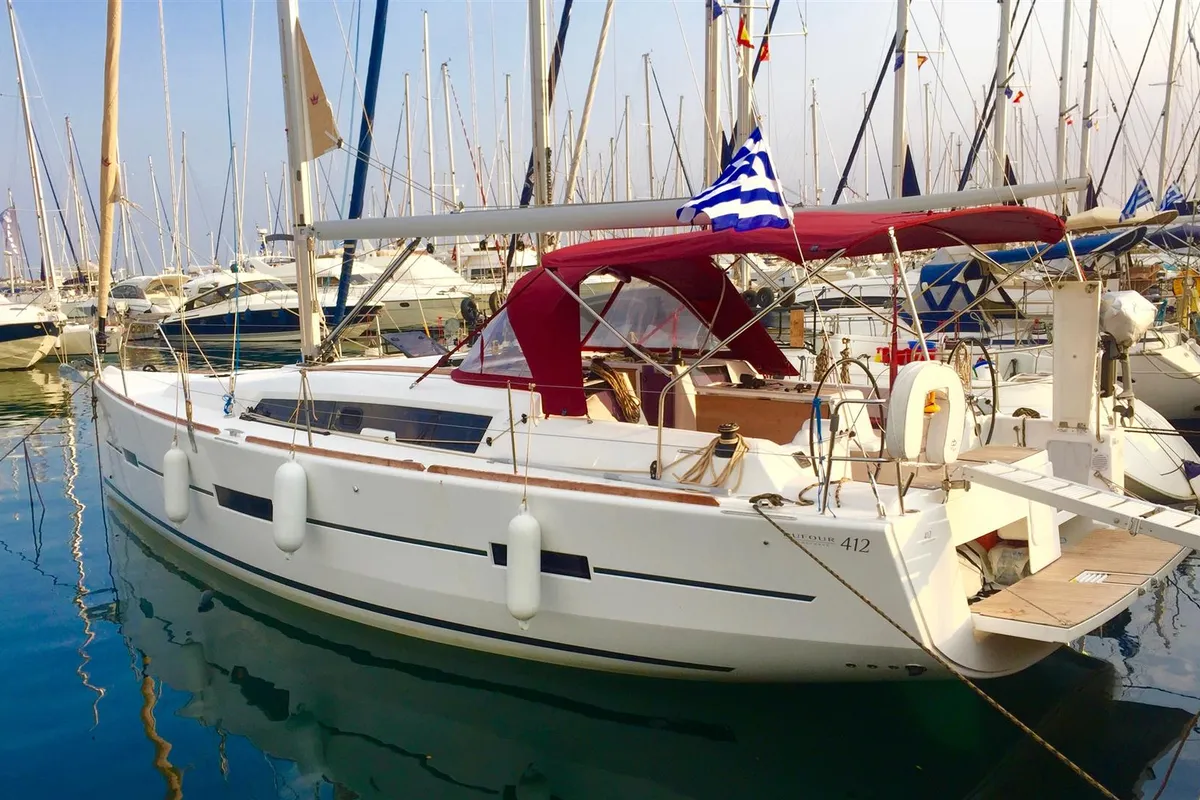 Exterior view of AINA, a Dufour 412 Grand large sailboat at Municipal Unit of Lefkada, Greece