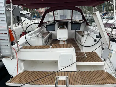 Cockpit of AINA, a Dufour 412 Grand large sailboat at Municipal Unit of Lefkada, Greece