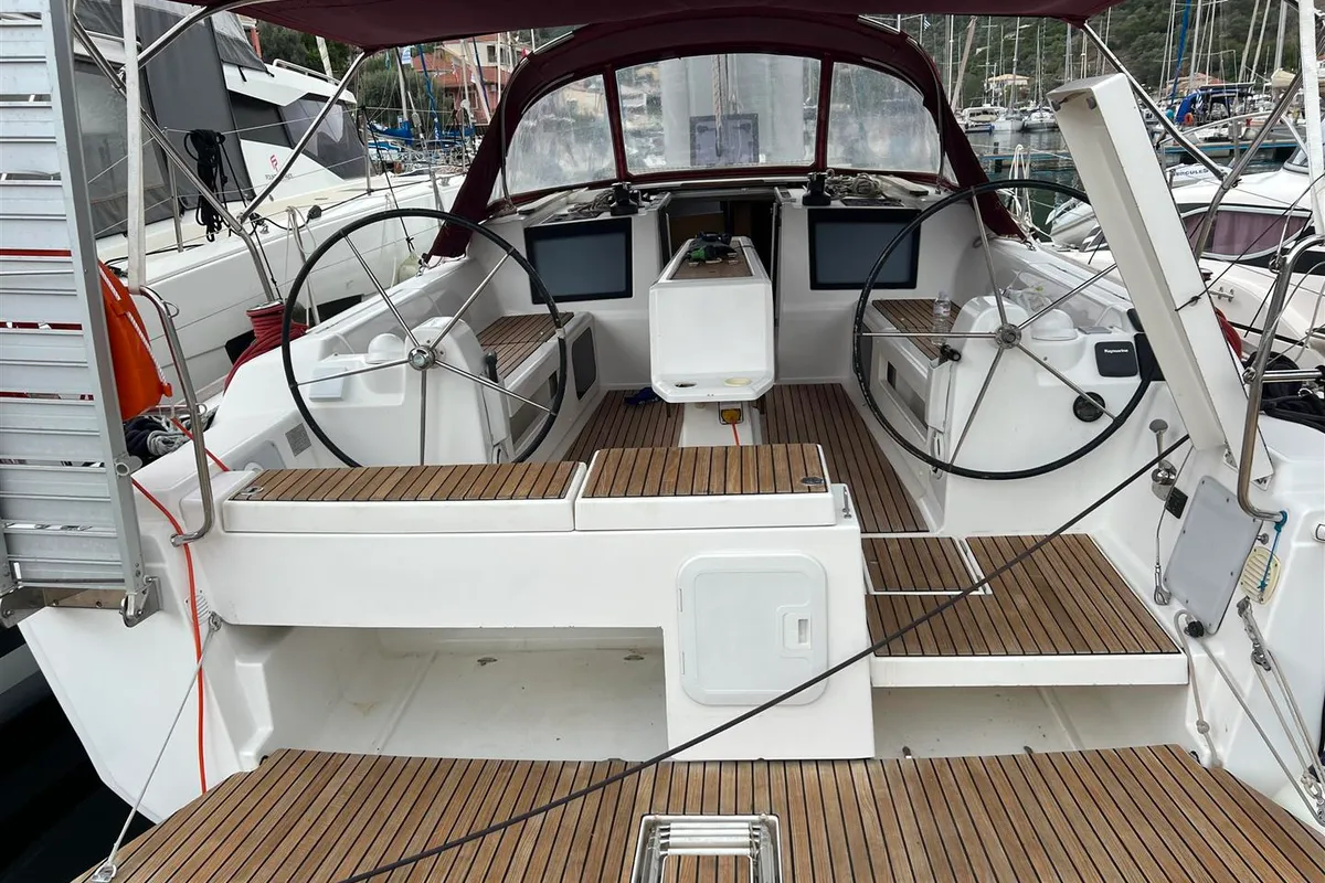 Cockpit of AINA, a Dufour 412 Grand large sailboat at Municipal Unit of Lefkada, Greece