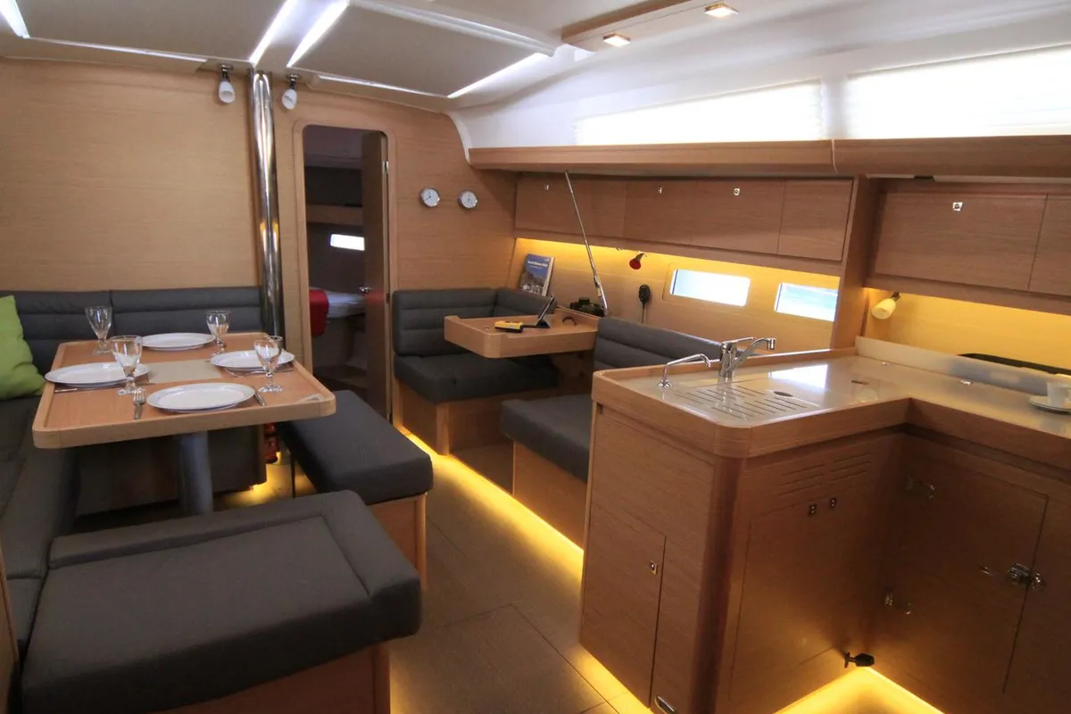 Salon of AINA, a Dufour 412 Grand large sailboat at Municipal Unit of Lefkada, Greece