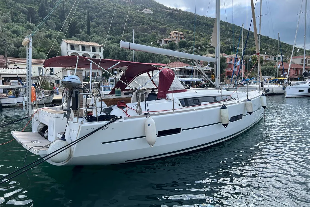 Exterior view of AINA, a Dufour 412 Grand large sailboat at Municipal Unit of Lefkada, Greece
