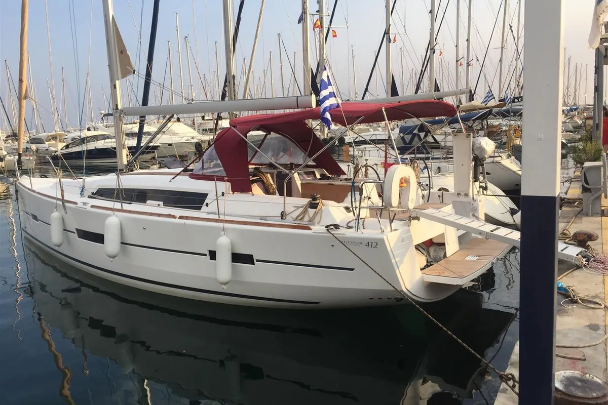 Exterior view of AINA, a Dufour 412 Grand large sailboat at Municipal Unit of Lefkada, Greece