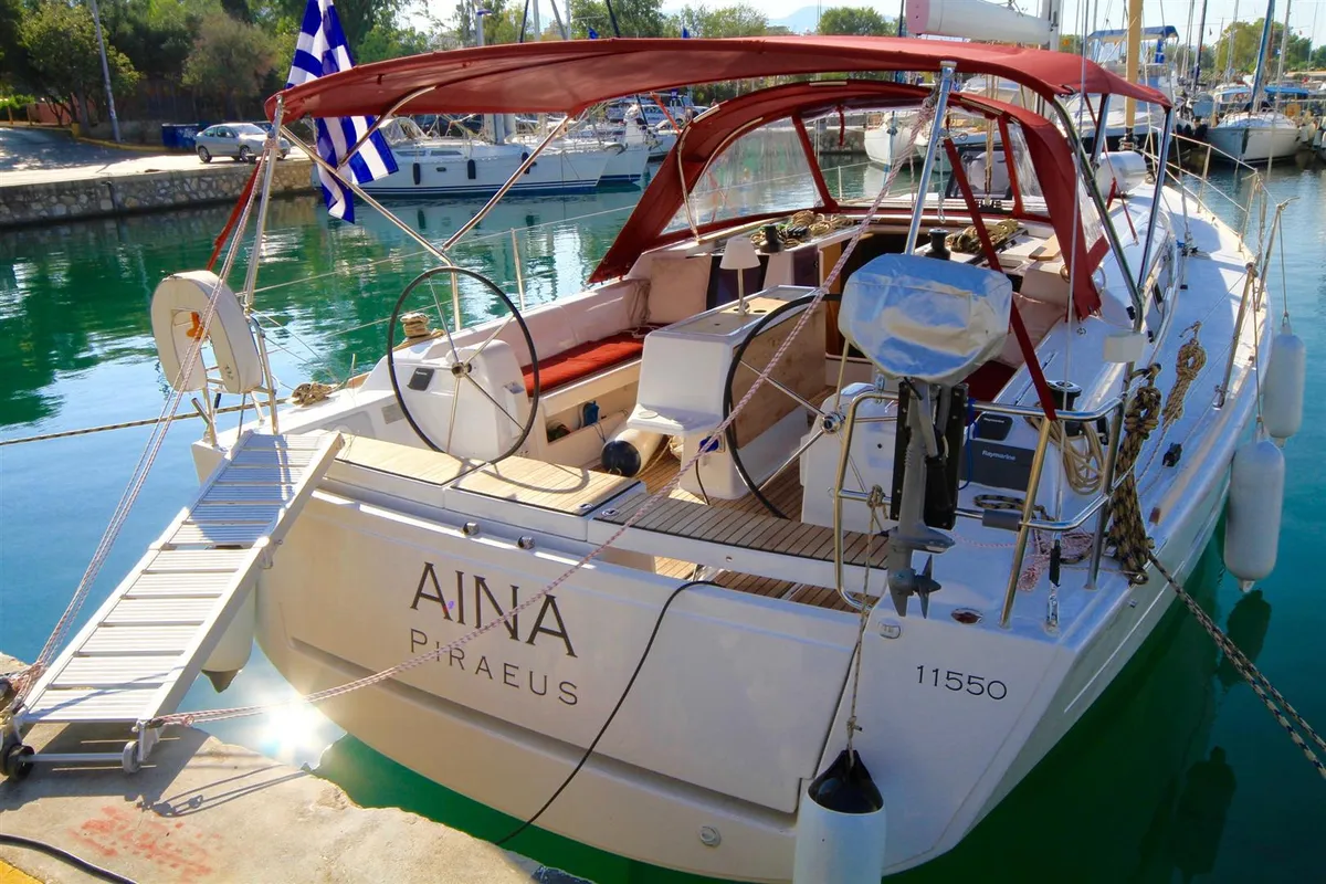 Exterior view of AINA, a Dufour 412 Grand large sailboat at Municipal Unit of Lefkada, Greece