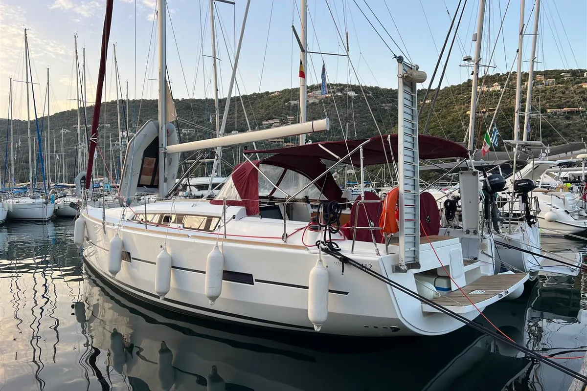 Exterior view of AINA, a Dufour 412 Grand large sailboat at Municipal Unit of Lefkada, Greece
