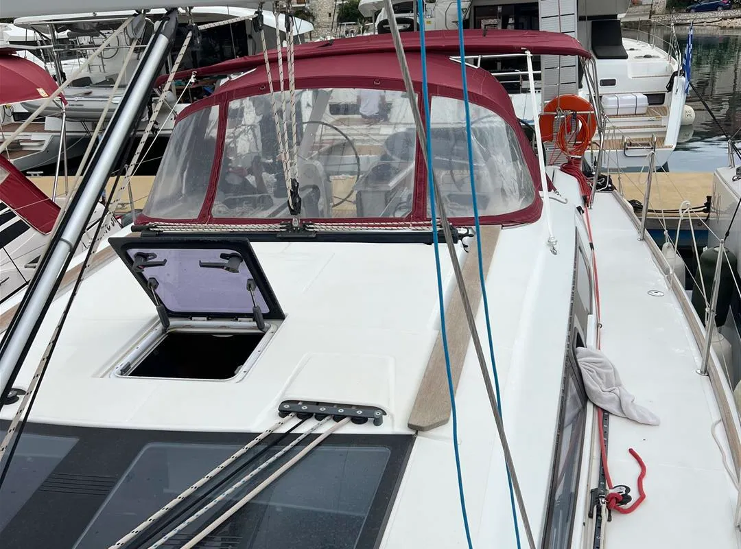 Deck of AINA, a Dufour 412 Grand large sailboat at Municipal Unit of Lefkada, Greece