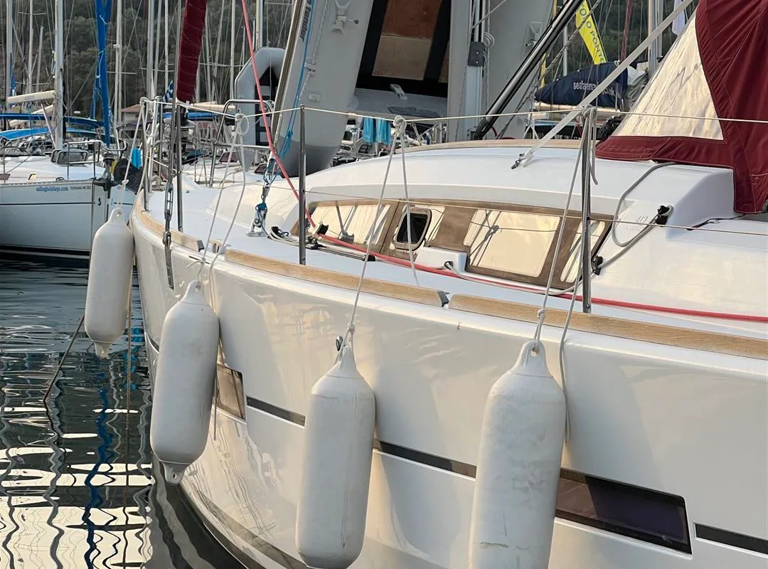 Exterior view of AINA, a Dufour 412 Grand large sailboat at Municipal Unit of Lefkada, Greece