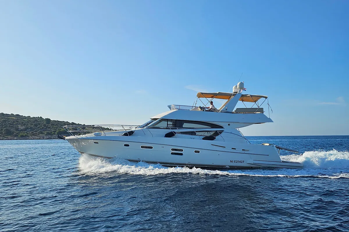 Exterior view of Panarea, a Prestige 50 Fly motorboat at Primošten, Croatia