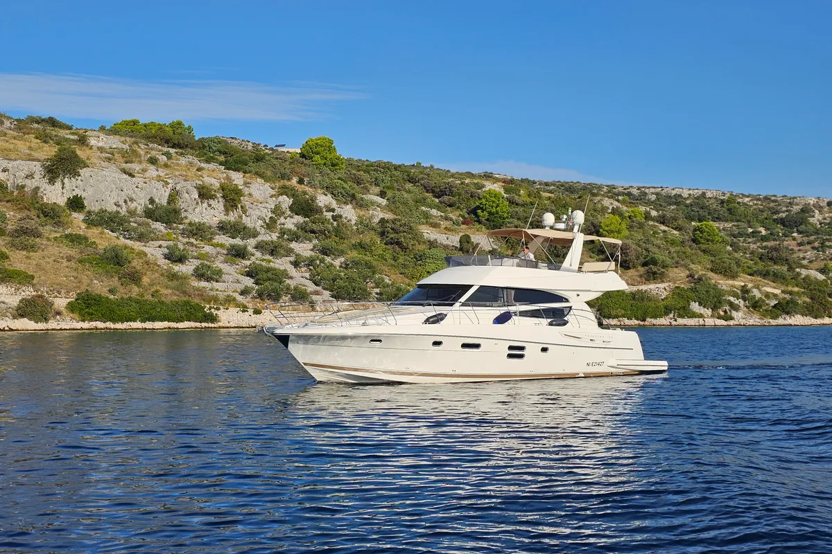 Exterior view of Panarea, a Prestige 50 Fly motorboat at Primošten, Croatia