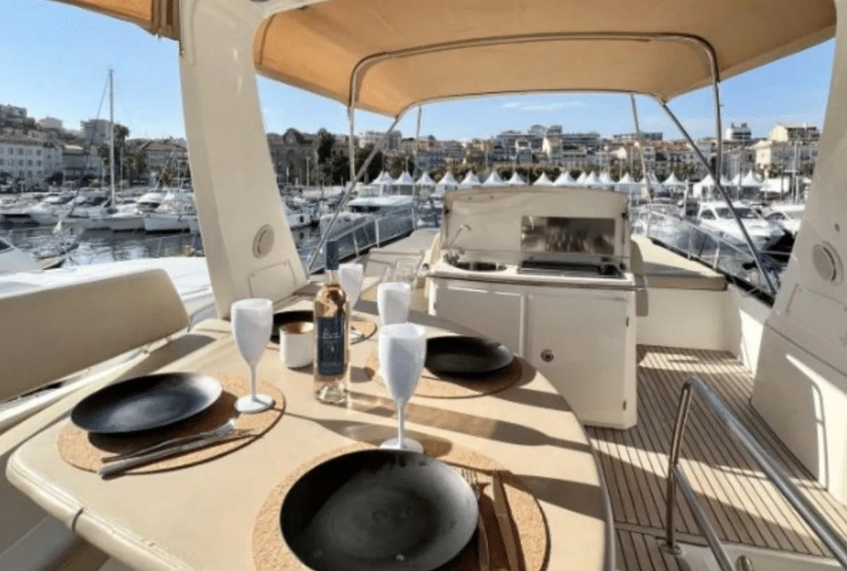 Deck of Panarea, a Prestige 50 Fly motorboat at Primošten, Croatia