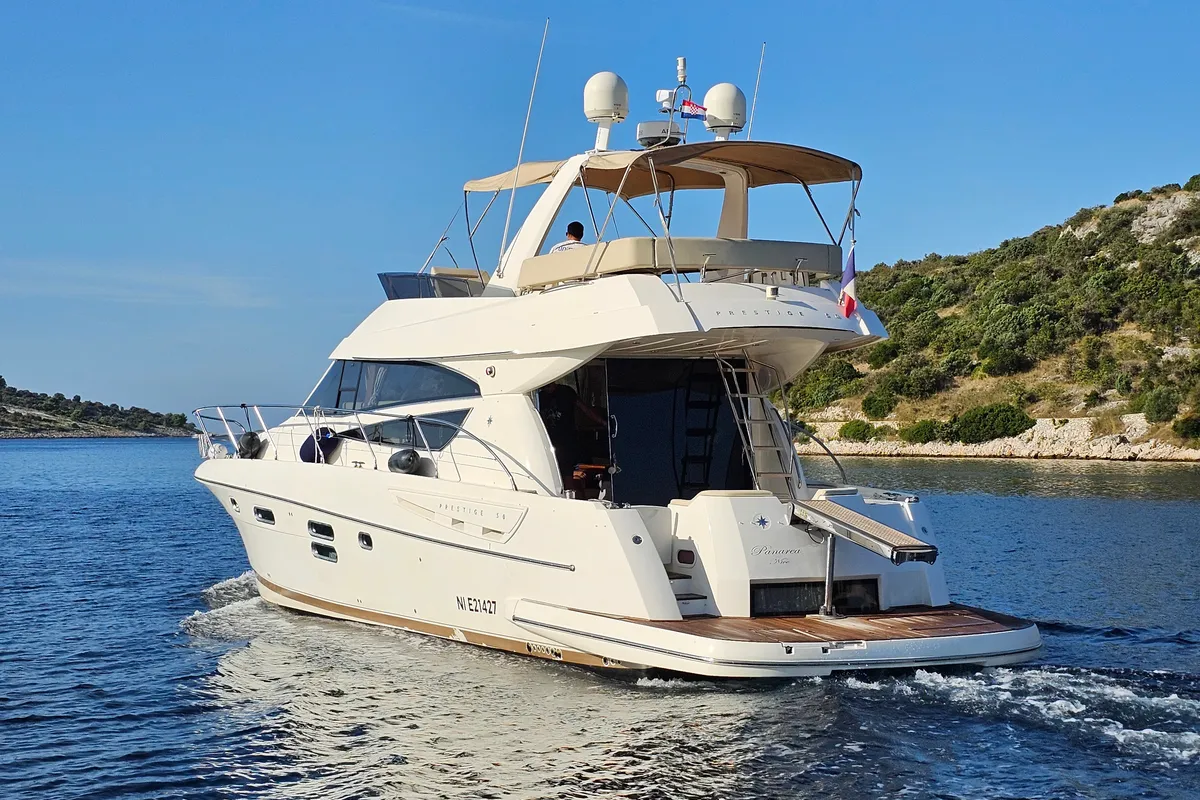 Exterior view of Panarea, a Prestige 50 Fly motorboat at Primošten, Croatia