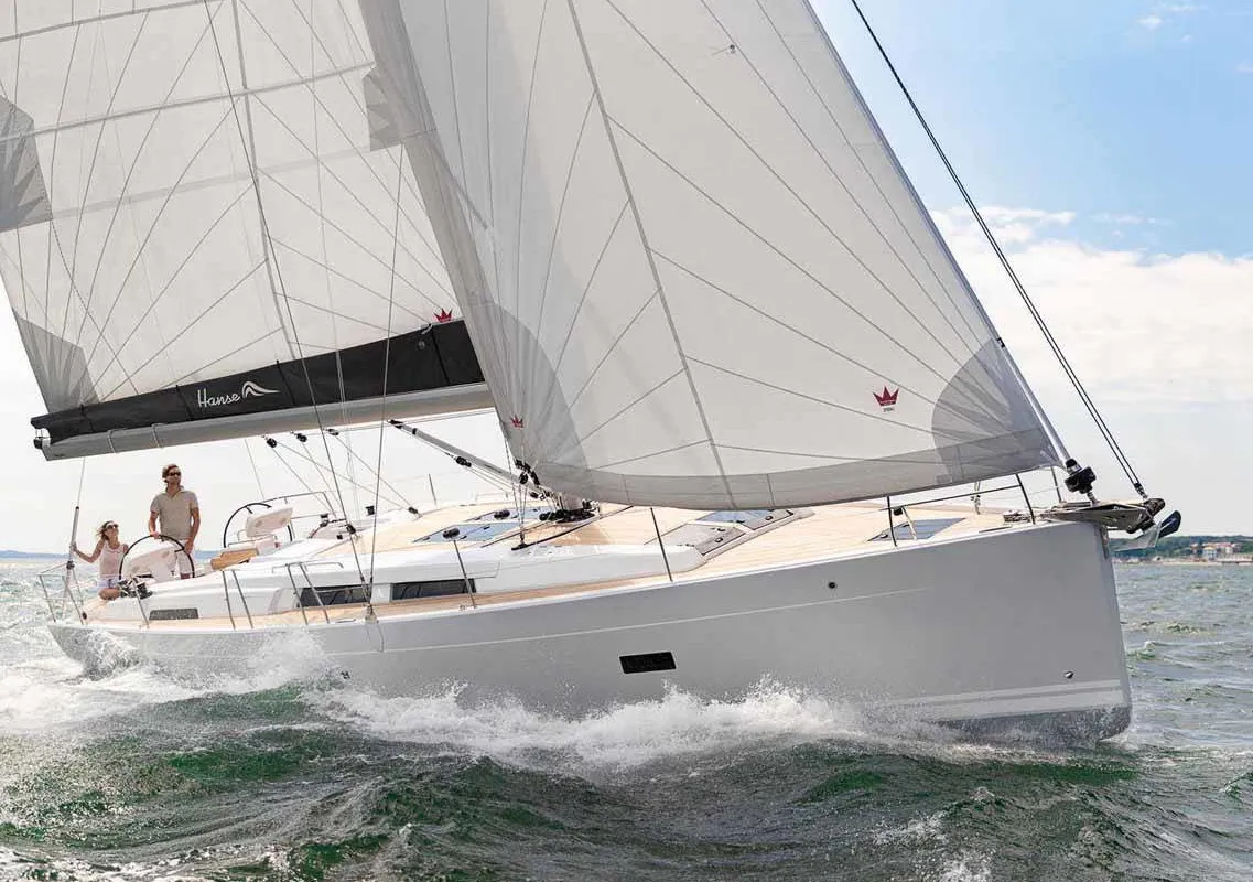 Exterior view of Theodora, a Hanse 458 sailboat at Municipal Unit of Lefkada, Greece