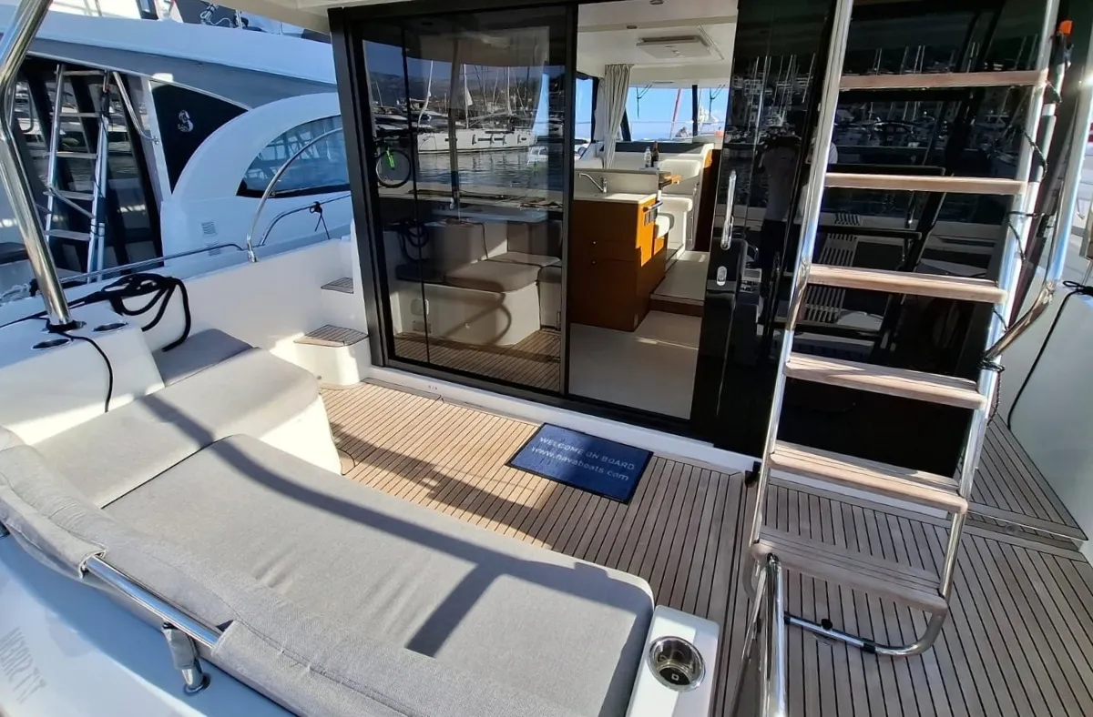 Deck of Sirena, a Beneteau Swift Trawler 41 motor yacht at Split, Croatia