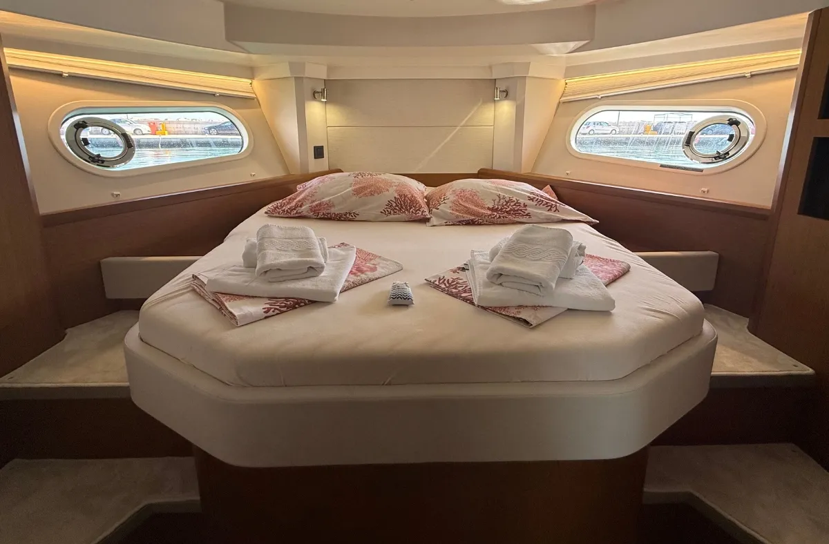 Cabin on Sirena, a Beneteau Swift Trawler 41 motor yacht at Split, Croatia