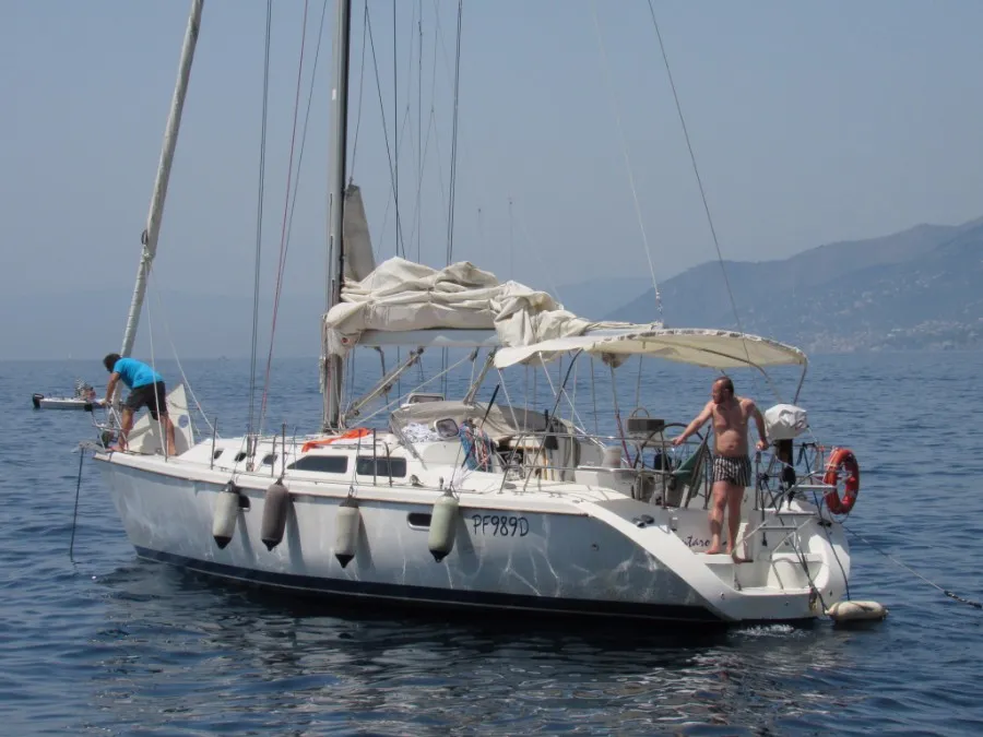 Exterior view of Tintaro, a Catalina 42 sailboat at Genoa, Italy