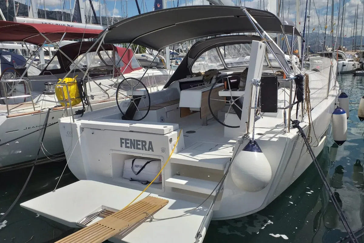 Exterior view of Fenera, a Dufour 430 sailboat at Medulin, Croatia