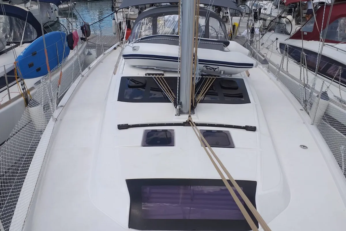 Deck of Fenera, a Dufour 430 sailboat at Medulin, Croatia