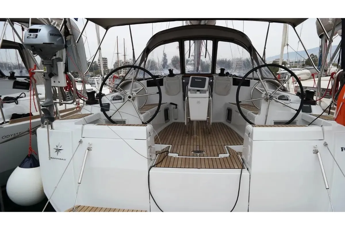 Exterior view of ORESTIS, a Jeanneau Sun Odyssey 449 sailboat at Municipal Unit of Nea Peramos, Greece