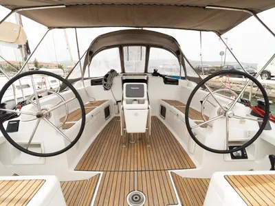 Cockpit of ORESTIS, a Jeanneau Sun Odyssey 449 sailboat at Municipal Unit of Nea Peramos, Greece