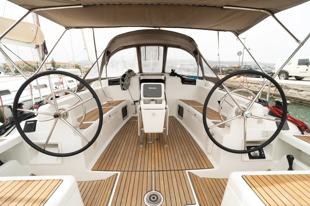 Cockpit of ORESTIS, a Jeanneau Sun Odyssey 449 sailboat at Municipal Unit of Nea Peramos, Greece