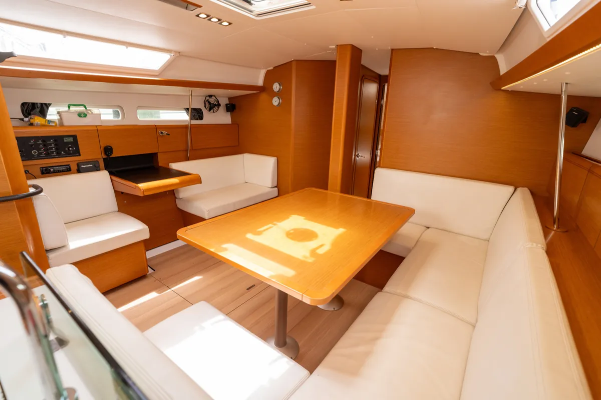 Salon of ORESTIS, a Jeanneau Sun Odyssey 449 sailboat at Municipal Unit of Nea Peramos, Greece