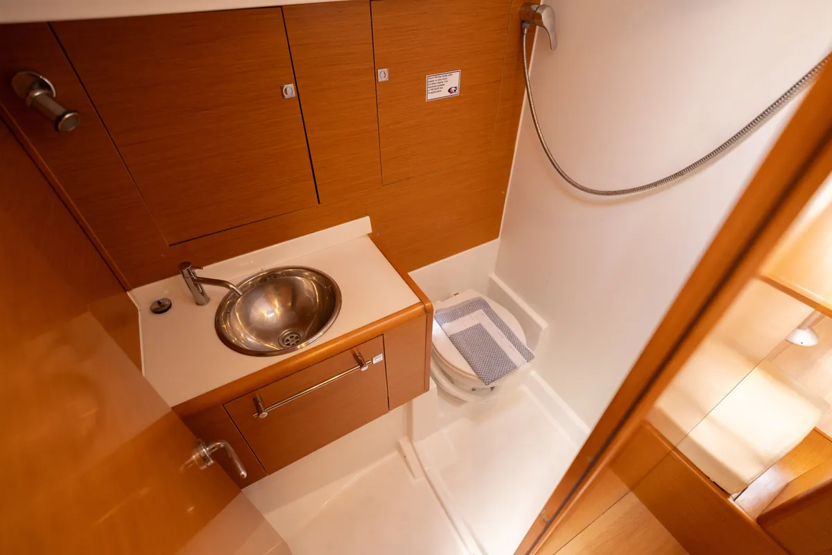 Head on ORESTIS, a Jeanneau Sun Odyssey 449 sailboat at Municipal Unit of Nea Peramos, Greece