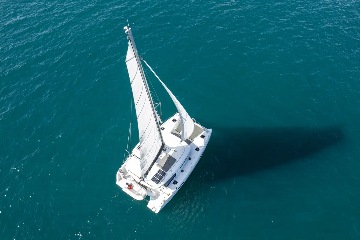 Exterior view of Utopia, a Lagoon 42 catamaran at Athens, Greece