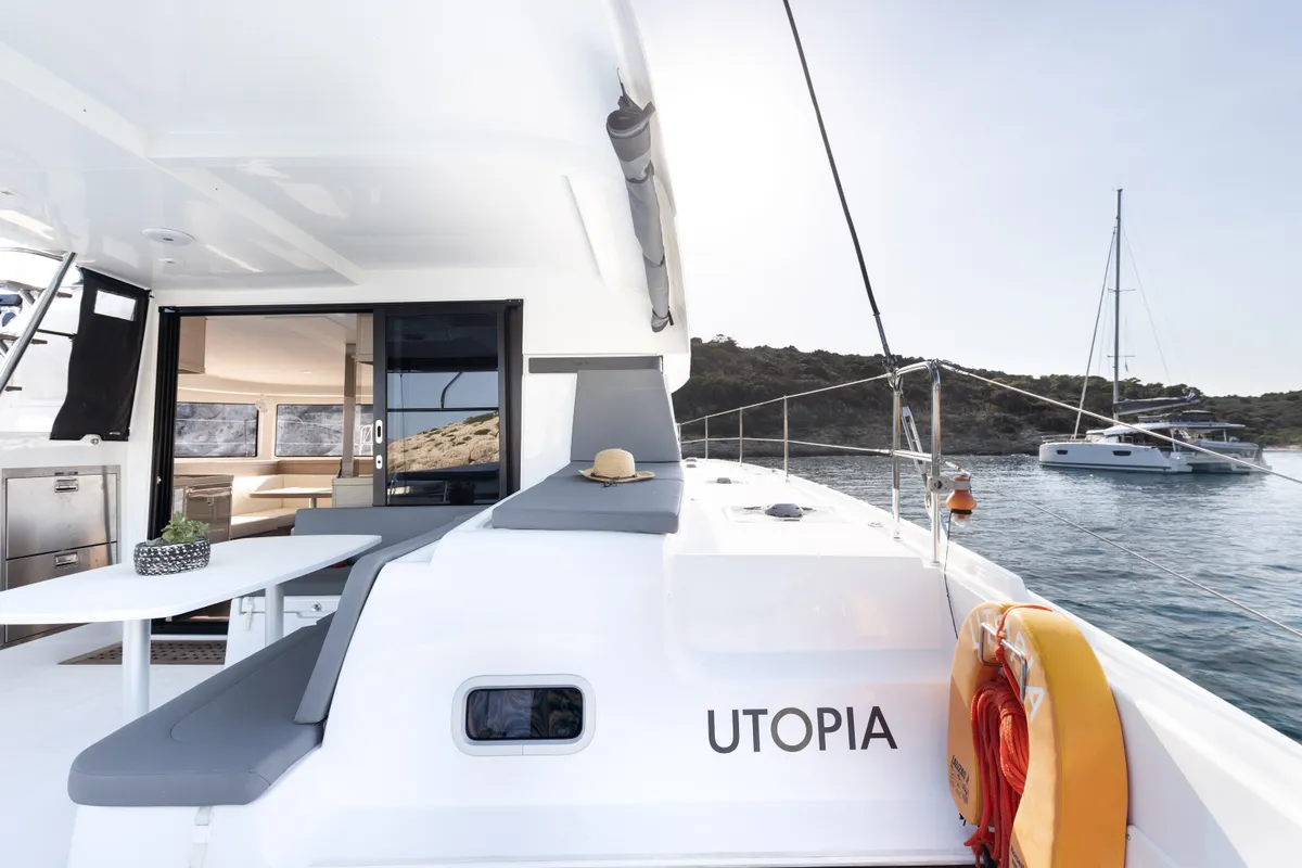 Deck of Utopia, a Lagoon 42 catamaran at Athens, Greece
