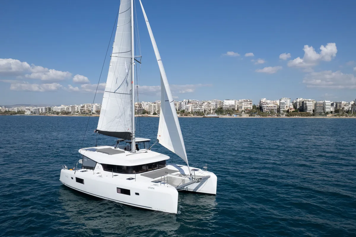 Exterior view of Utopia, a Lagoon 42 catamaran at Athens, Greece