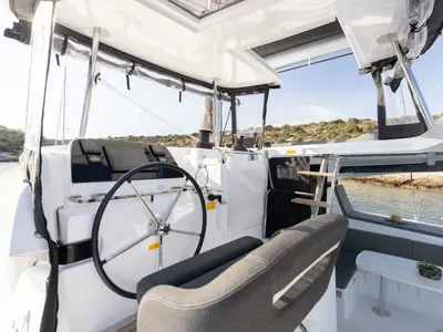 Cockpit of Utopia, a Lagoon 42 catamaran at Athens, Greece