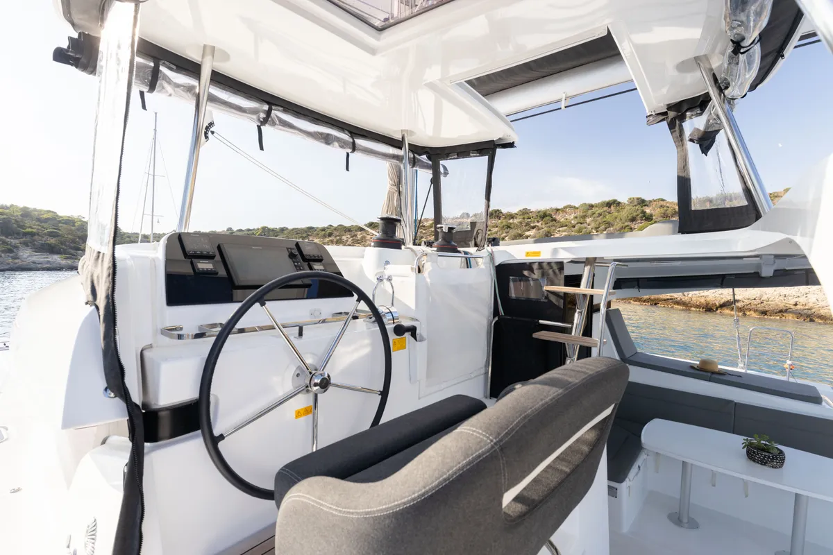 Cockpit of Utopia, a Lagoon 42 catamaran at Athens, Greece