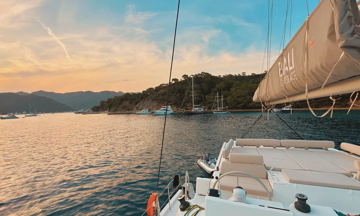 Deck of Jomo, a Bali Catspace catamaran at Fethiye, Turkey