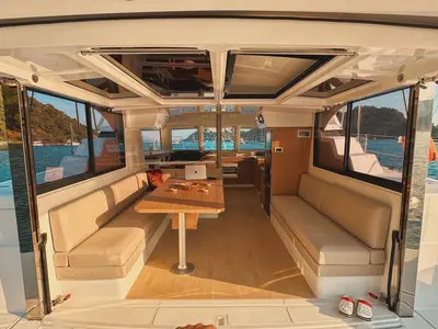 Salon of Jomo, a Bali Catspace catamaran at Fethiye, Turkey