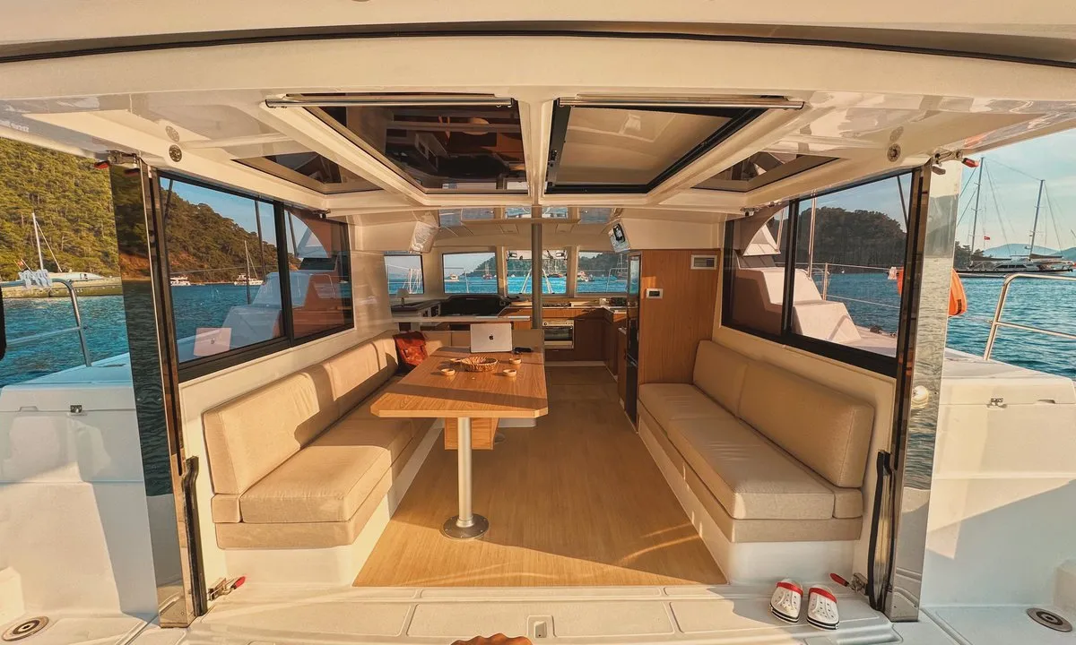 Salon of Jomo, a Bali Catspace catamaran at Fethiye, Turkey