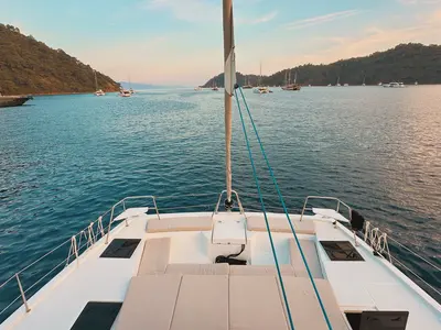 Deck of Jomo, a Bali Catspace catamaran at Fethiye, Turkey
